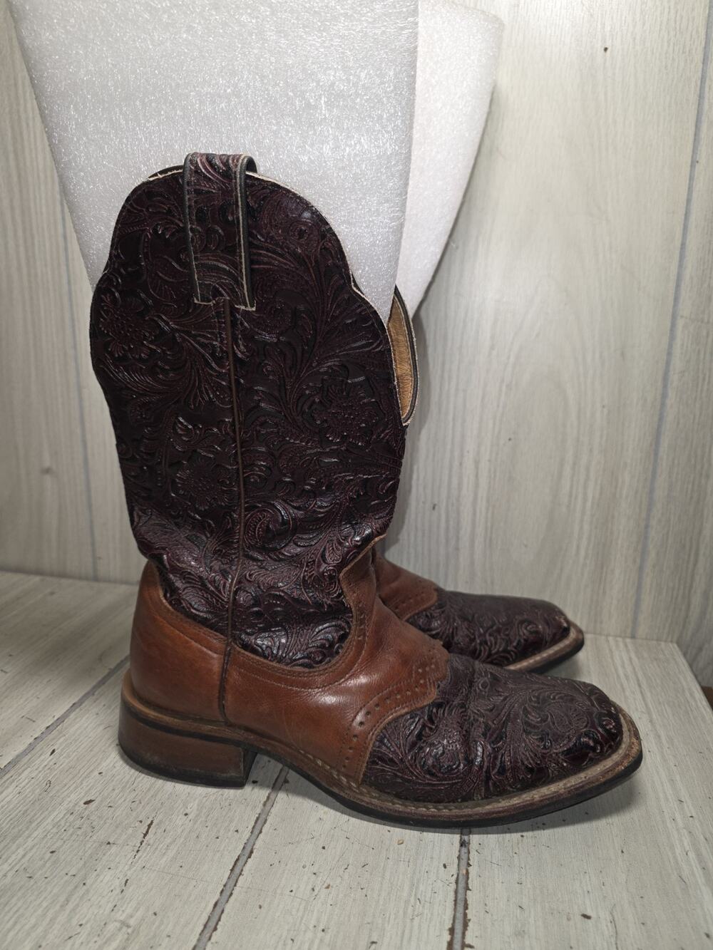 BOULET Boots HAND TOOLED Cowgirl Brown Black 8.5 C Made in Canada Brushpopper